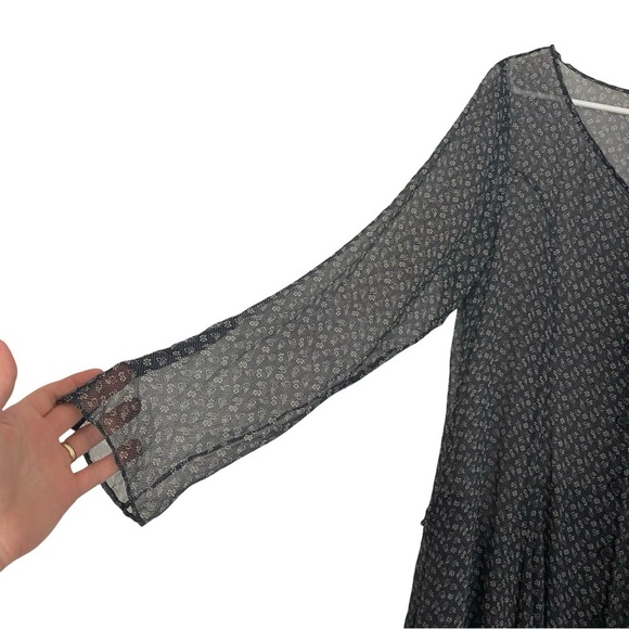 Silk Sheer Floral Dress Womens Size Medium Midi Oversized Black Long Sleeve - Picture 6 of 16